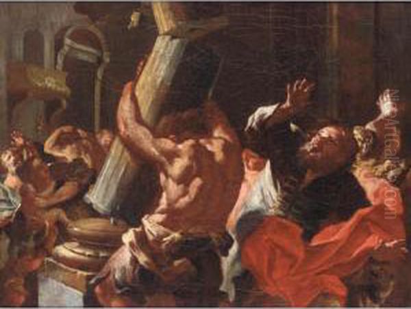 Samson Destroying The House Of Philistines Oil Painting by Lorenzo De Caro