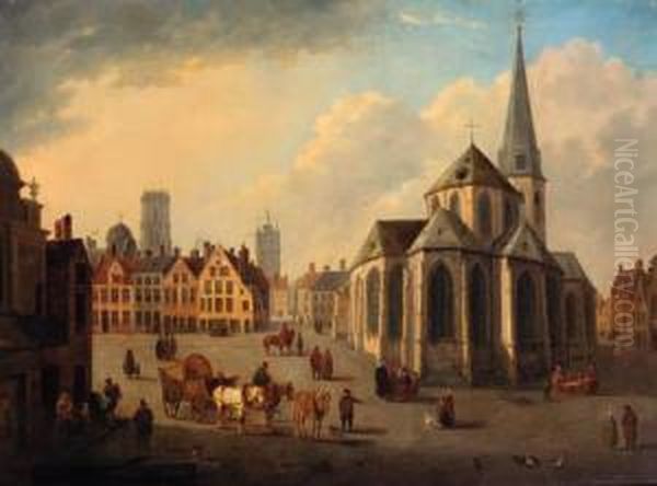 Numerous Townsfolk On A Square, Gent Oil Painting by Emile Pierre J. De Cauwer