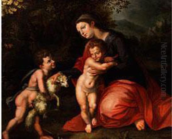 Maria Mit Dem Jesuskind Und Dem Johannesknaben Oil Painting by Hendrick De Clerck