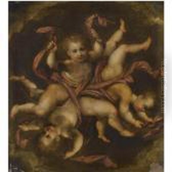 A Circle Of Putti Entwined With Red Drapery Oil Painting by Hendrick De Clerck