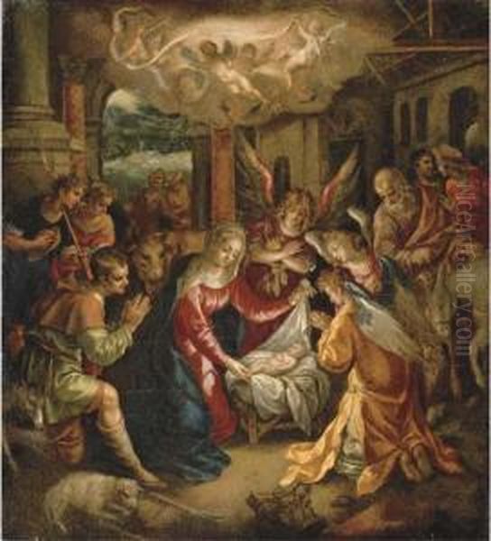 The Adoration Of The Shepherds With The Annunciation To Theshepherds Beyond Oil Painting by Hendrick De Clerck