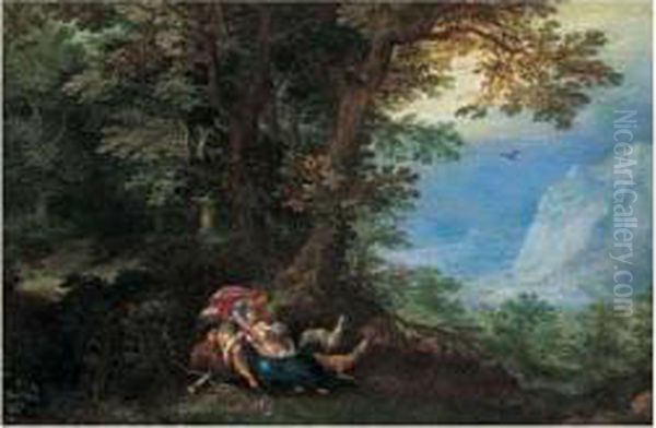 Cephale Et Procris Dans Un Paysage Boise Et Montagneux Oil Painting by Hendrick De Clerck