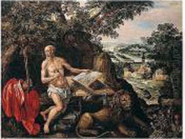 Saint Jerome In A Landscape Oil Painting by Hendrick De Clerck