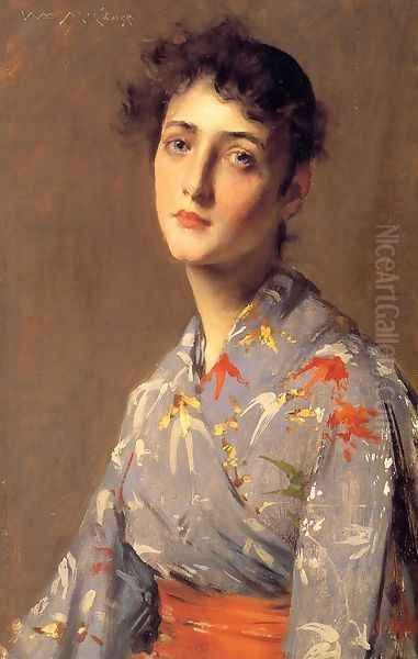 Girl In A Japanese Kimono Oil Painting by William Merritt Chase