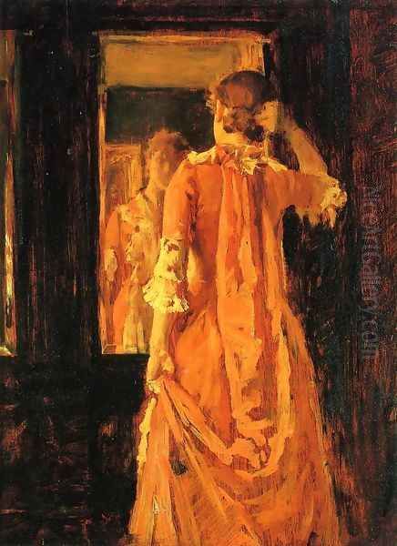 Young Woman Before a Mirror Oil Painting by William Merritt Chase