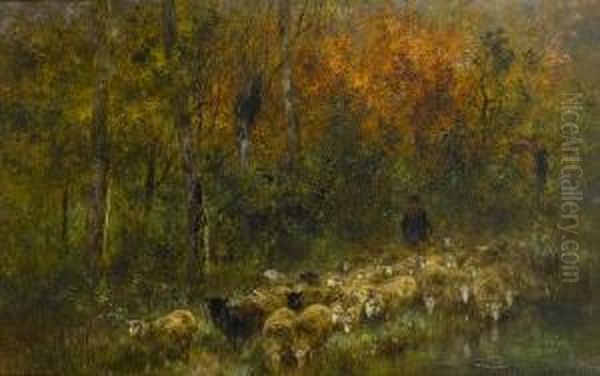 Shepherd And Flock In Woodland Oil Painting by Xavier De Cock