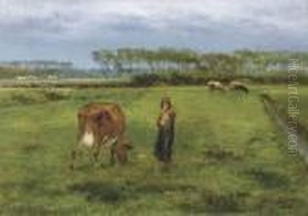 Landschap Met Koeienhoedster (1877) Oil Painting by Xavier De Cock