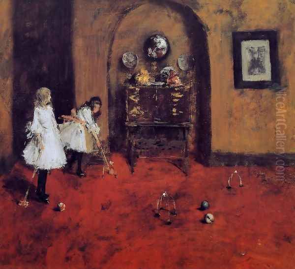 Children Playing Parlor Croquet (sketch) Oil Painting by William Merritt Chase