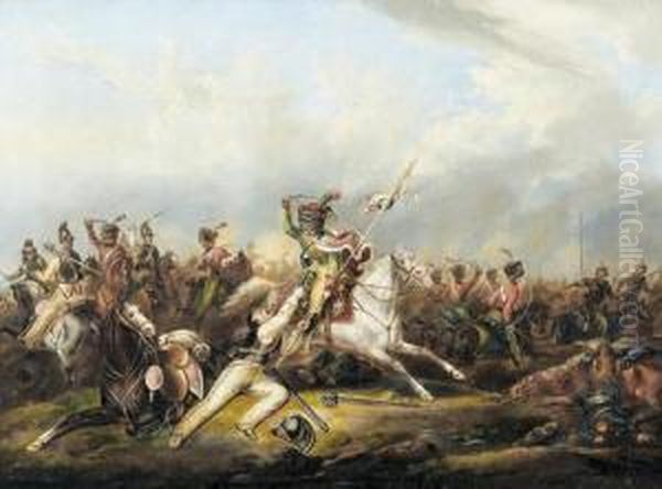 Schlachtenszene Aus Den Napoleonischen Kriegen. Oil Painting by Jean-Henri Decoene