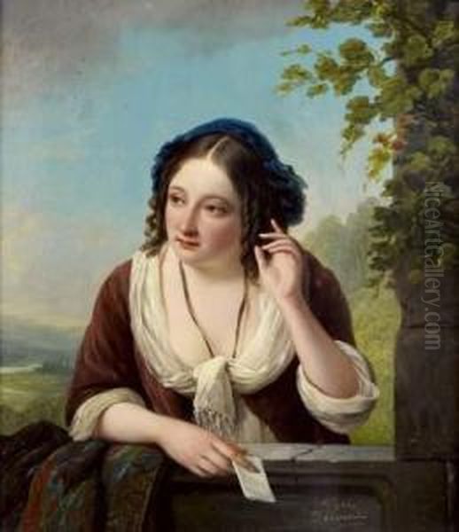 Jeune Femme Tenant Une Lettre Devant Une Balustrade Oil Painting by Jean-Henri Decoene