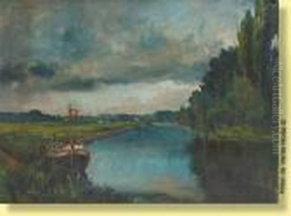 Peniche En Bord De Canal Oil Painting by Joseph Fr. De Coene