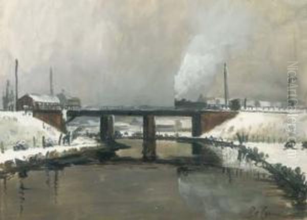 A Steam Locomotive In A Winter Landscape In West Flandres Oil Painting by Joseph Fr. De Coene