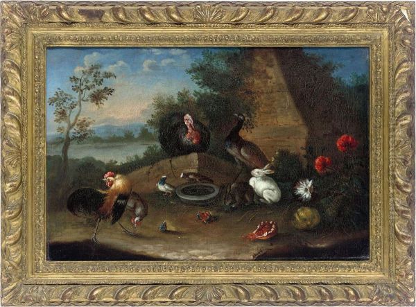 Cockerels, A Turkey, Peacock And Rabbits In A Landscape Oil Painting by David de Coninck