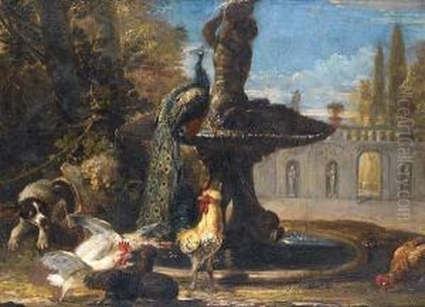 Rabbits With Cockerels And A 
Parrot In A Parklandscape; And A Dog Startling Cockerels Before A 
Fountain With Apeacock Oil Painting by David de Coninck