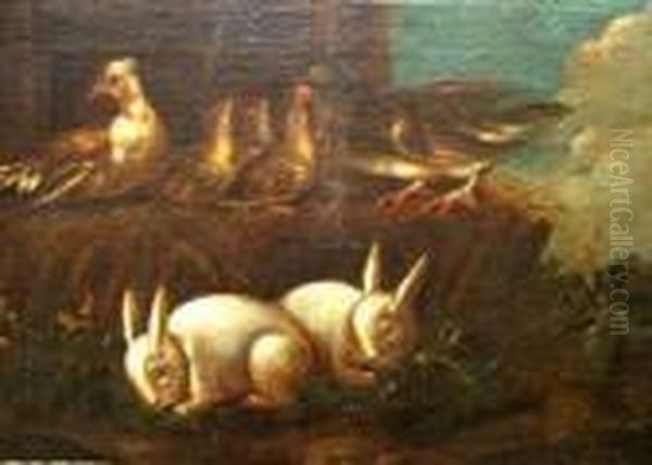 Birds And Rabbits In A Barn Oil Painting by David de Coninck