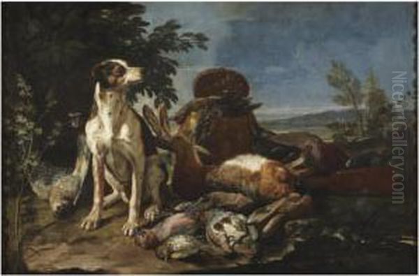 A Hunting Still Life With A Hound Seated Beside Dead Game Oil Painting by David de Coninck