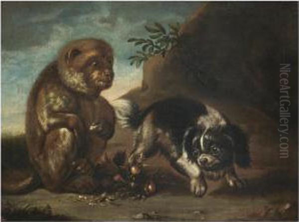 A Monkey Eating Hazelnuts With A Dog Prancing Oil Painting by David de Coninck