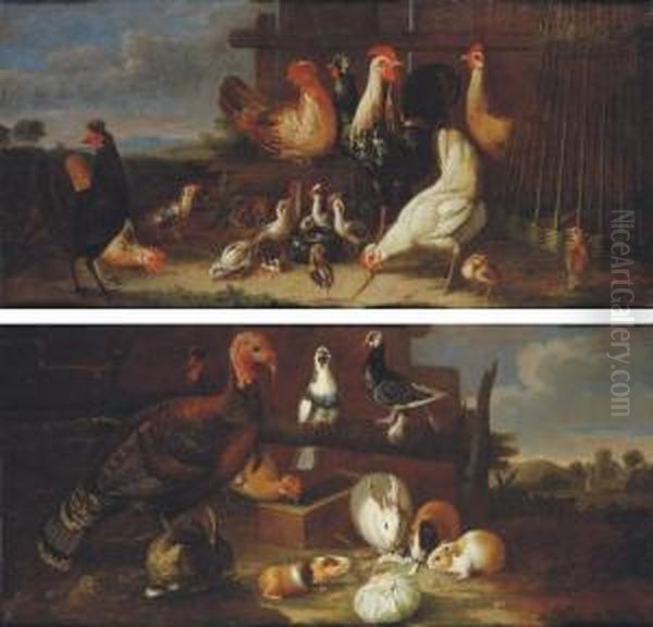 Cockerels, Hens And Quails In A 
Farmyard; And Rabbits, Guinea Pigs, A Hen, A Cockerel, A Turkey And A 
Pair Of Doves In A Farmyard Oil Painting by David de Coninck