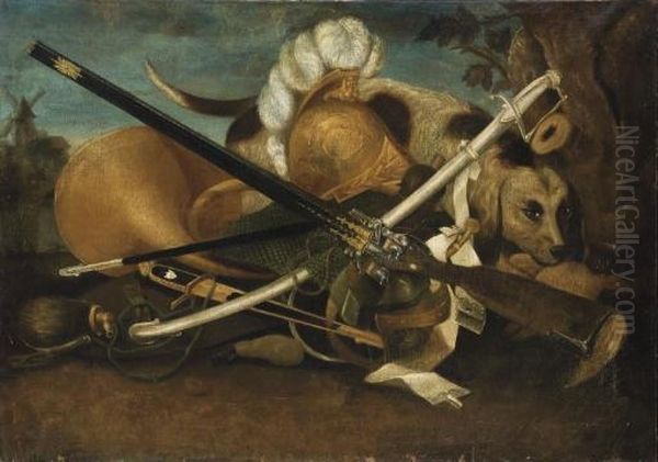 Armes, Cor Et Chien Dans Un Paysage Oil Painting by David de Coninck