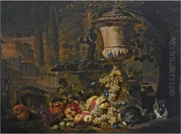 A Still Life Of Fruit, Including
 A Melon, Open Pomegranates And Grapes, An Ornamental Urn And Two 
Rabbits Near A Fountain In A Formal Garden Oil Painting by David de Coninck