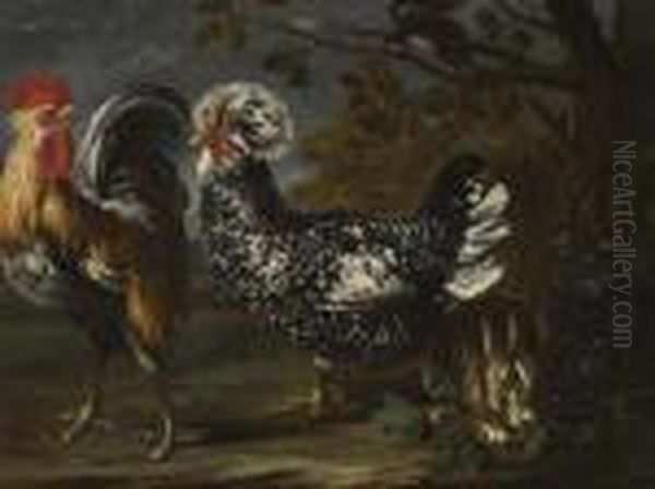 Hahn, Henne, Hase Und Eichhornchen. Oil Painting by David de Coninck