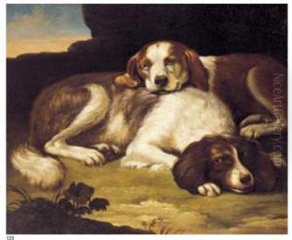 Natura Morta Con Due Spaniels Oil Painting by David de Coninck