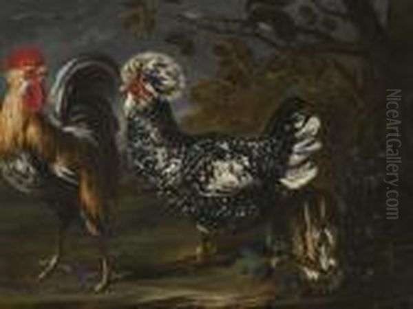 Rooster, Hen, Hare And Squirrel. Oil Painting by David de Coninck