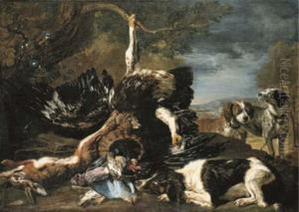 A Spaniel, An Eagle, A Hare And A
 Wicker Basket With A Jay, Finchesand Other Birds Overlooked By Two 
Hounds, A Mountainous Landscapebeyond Oil Painting by David de Coninck