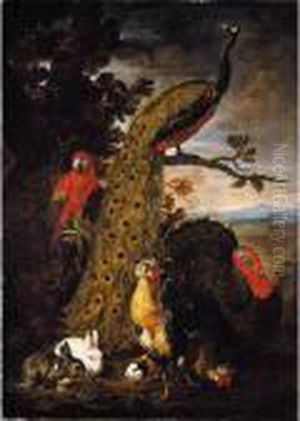 A Landscape With A Peacock, Parrot, Chicken, Turkey, Two Rabbits And A Guinea-pig Oil Painting by David de Coninck