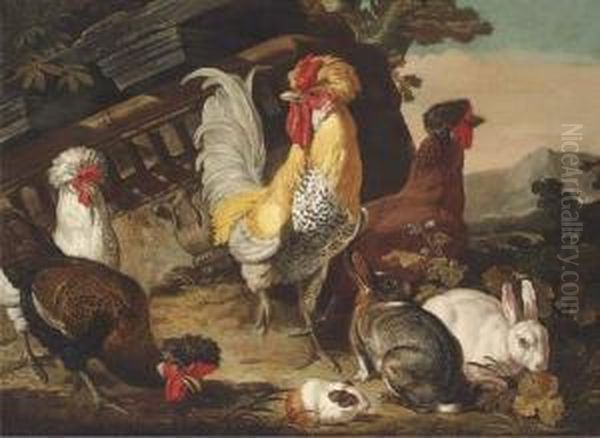 Chickens, Rabbits And A Guinea-pig By Classical Ruins Oil Painting by David de Coninck