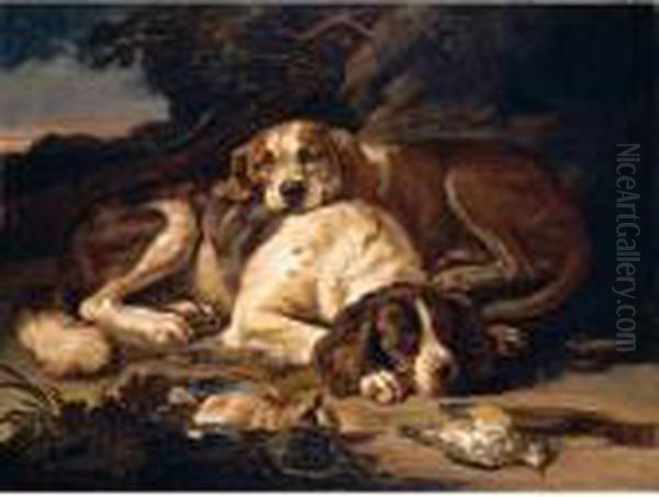 Still Life With Two Spaniels, 
Together With Nightingales, A Jay, And A Musket, In A Landscape Oil Painting by David de Coninck