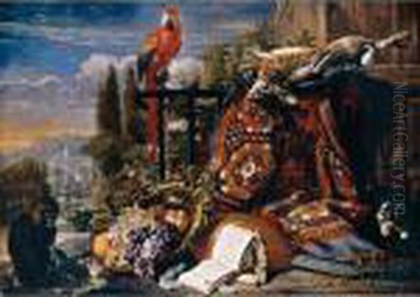 Still Life Of Fruit In A Gilt 
Dish, A Lute, Music Books, A Hare And Game-birds On A Dish Resting Upon A
 Carpet, Together With A Scarlet Macaw, A Monkey And A Spaniel On A 
Terrace, An Ornamental Garden Beyond Oil Painting by David de Coninck