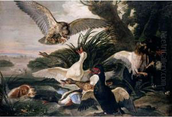 Waterfowl Assailed By Dogs And A Buzzard, In A River Landscape Setting Oil Painting by David de Coninck