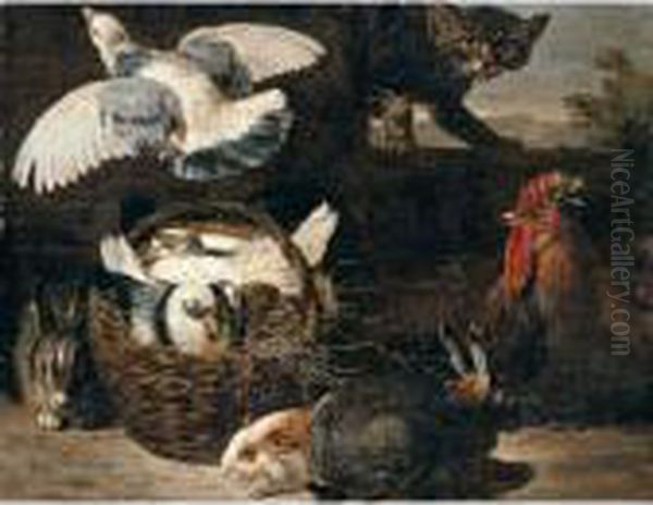 A Still Life Of Pigeons, 
Rabbits, A Cat, A Chicken And A Guinea Pig In A Farmyard Setting Oil Painting by David de Coninck