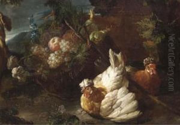 Two Hens By A Basket Of Fruit In
 A Landscape; And Two Turkeys By Avase Of Flowers In A Landscape Oil Painting by David de Coninck