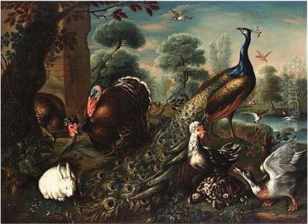 A Peacock, A Turkey, Hens, A 
Duck, A Turtle, A Rabbit And Birds, With Ducks In A Pool In The 
Background, All In A Park Landscape Oil Painting by David de Coninck