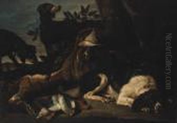 A Hunt Still Life With Hounds And A Spaniel Guarding Deadgame Oil Painting by David de Coninck