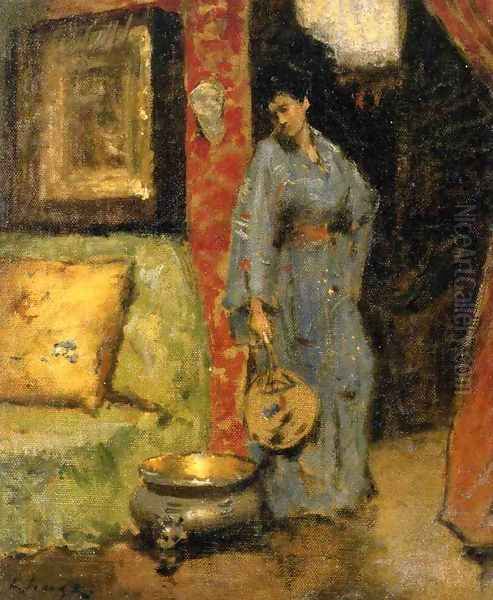 Woman in Kimono Holding a Japanese Fan Oil Painting by William Merritt Chase