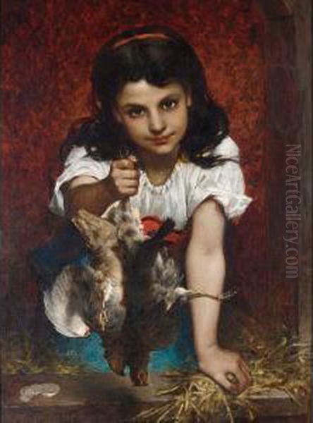 A Girl With Birds Oil Painting by Pierre-Louis-Joseph de Coninck