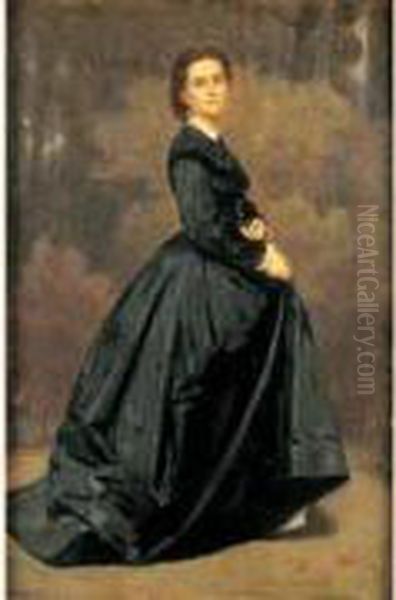 Portrait De Femme Debout En Robe Noire. Oil Painting by Pierre-Louis-Joseph de Coninck