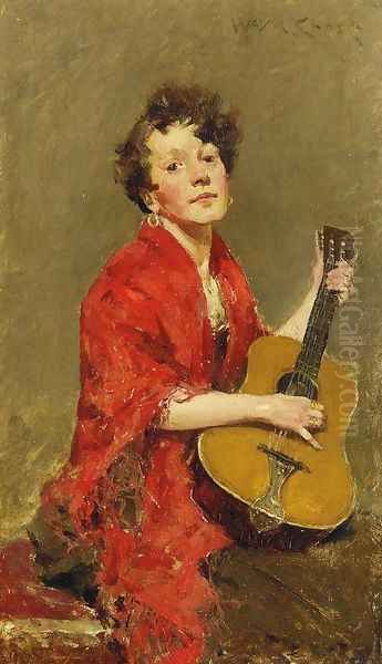 Girl With Guitar Oil Painting by William Merritt Chase