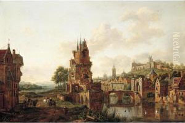 A View Of A Town By A River With Peasants And Travellers On A Path In The Foreground Oil Painting by Hendrik Frans de Cort