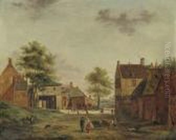 A Village Scene Oil Painting by Hendrik Frans de Cort