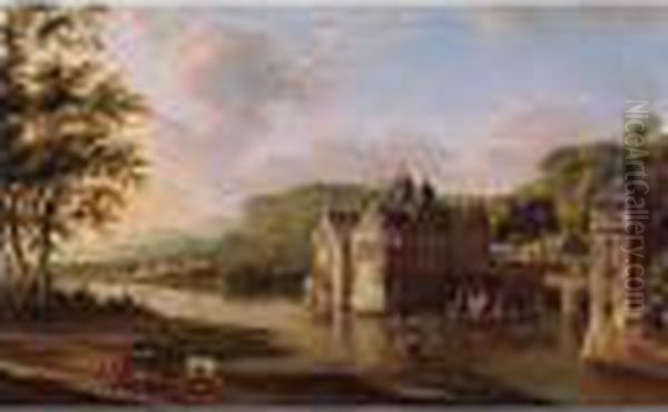 View Of A Castle By A River With A Town Behind Oil Painting by Hendrik Frans de Cort