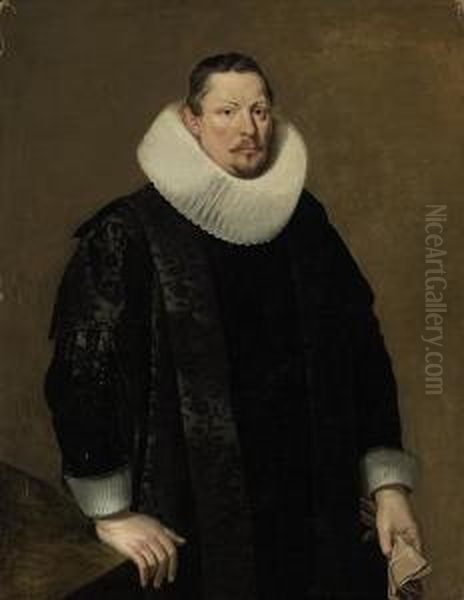 Portrait Of A Gentleman, 
Three-quater-length, In A Black Coat With A White Ruff, Holding Gloves, 
Beside A Table Oil Painting by Gaspar De Crayer