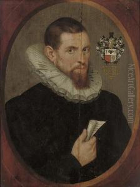 Portrait Of A Gentleman, 
Half-length, In A Black Doublet And Ruff, With A Scroll In His Right 
Hand Oil Painting by John de Critz