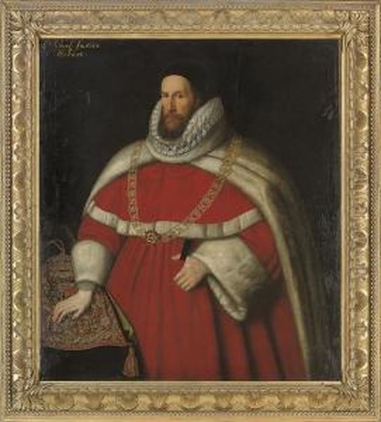 Portrait Of Sir Henry Hobart, 
1st Bt. (c. 1560-1625), Lord Chiefjustice, Of Blickling Hall, 
Three-quarter-length, In A Red Robe,white Fur Cloak, And Black 
Scull-cap, Wearing The Pendant Of Thetudor Rose, His Right Hand Resting 
On The Purse Of The  Oil Painting by John de Critz