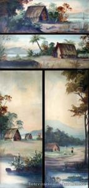 Maori Village Scenes - Four Oil Painting by John de Critz