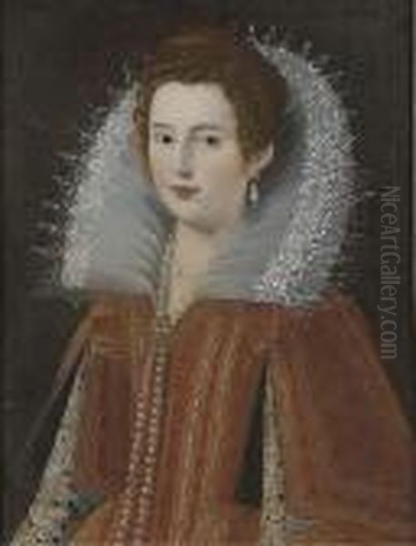 Portrait Of A Lady, 
Quarter-length, In A Red Dress With Embrioderedsleaves, A Pearl Necklace
 And A Lace Ruff Oil Painting by John de Critz