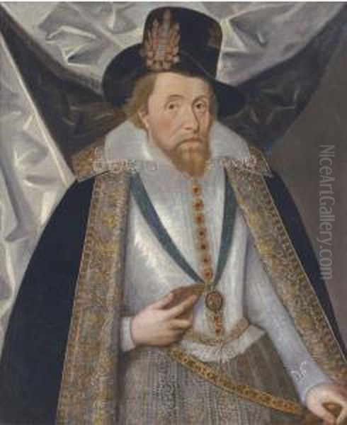 Portrait Of King James I, 
Half-length, Wearing A White Doublet, Ablack Hat And A Lined Black Cloak Oil Painting by John de Critz